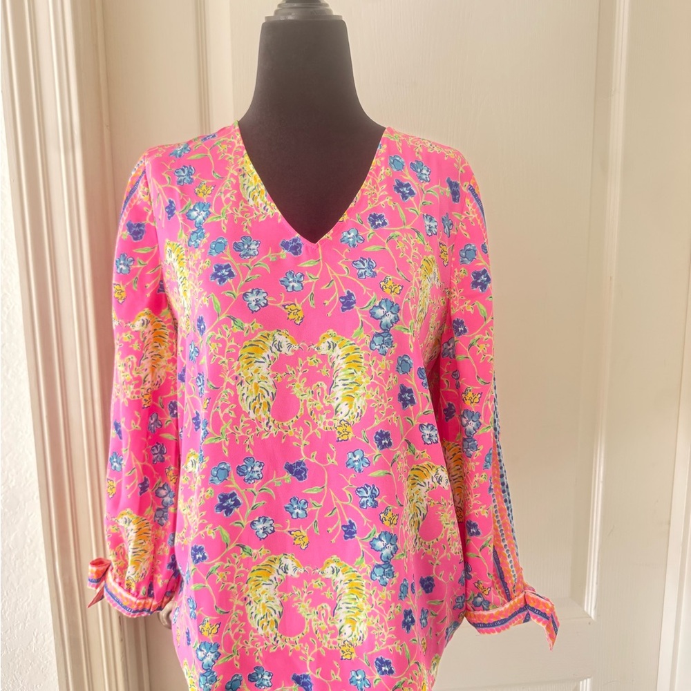 LILLY PULITZER Pink Pamala Blouse Engineered Tigress Garden Floral Sz XS